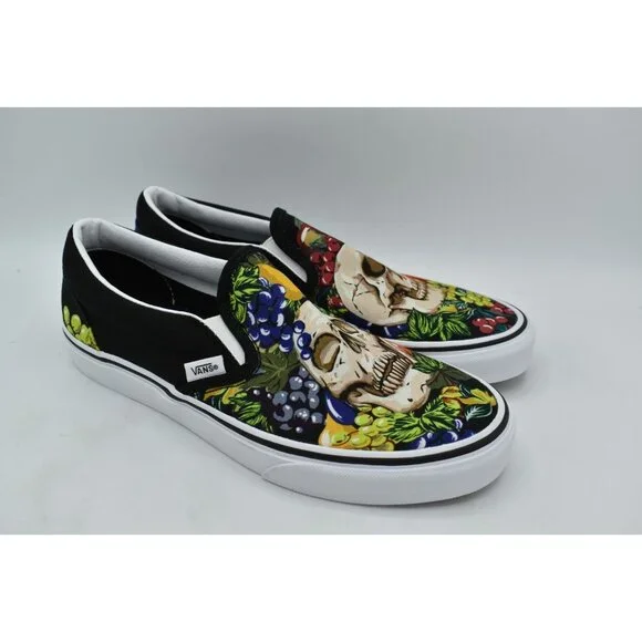 Vans Womens Size 9.5 Black White Fruit Skull Classic Slip On Sneakers Shoes - Picture 4 of 13